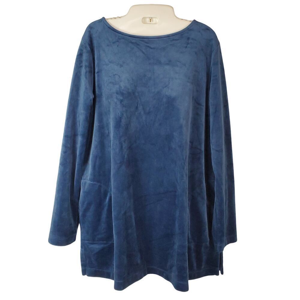 Pure Jill Velour Tunic Top Sz Large Long Sleeve Soft Plush Relaxed Fit Blue